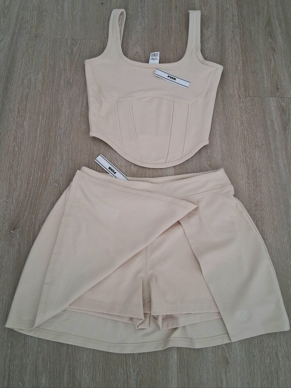 PINK Victorias Secret Beige Crop Corset Top & Skort Set Size M